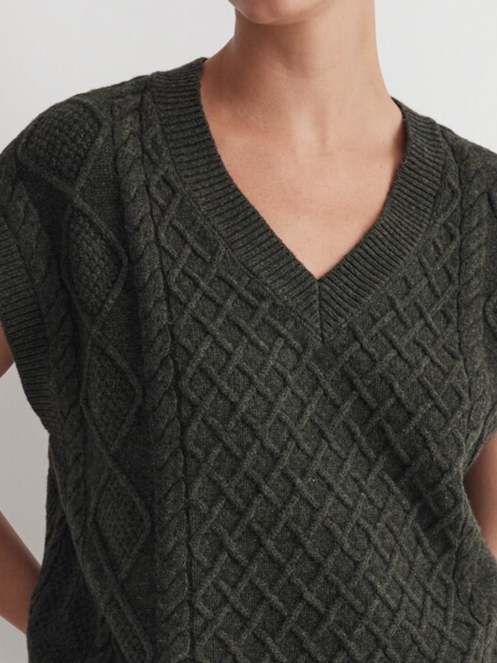 Madewell Dark Olive Cable Knit V-Neck Sweater Vest